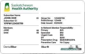 Cartão de seguro saúde de Saskatchewan modelo